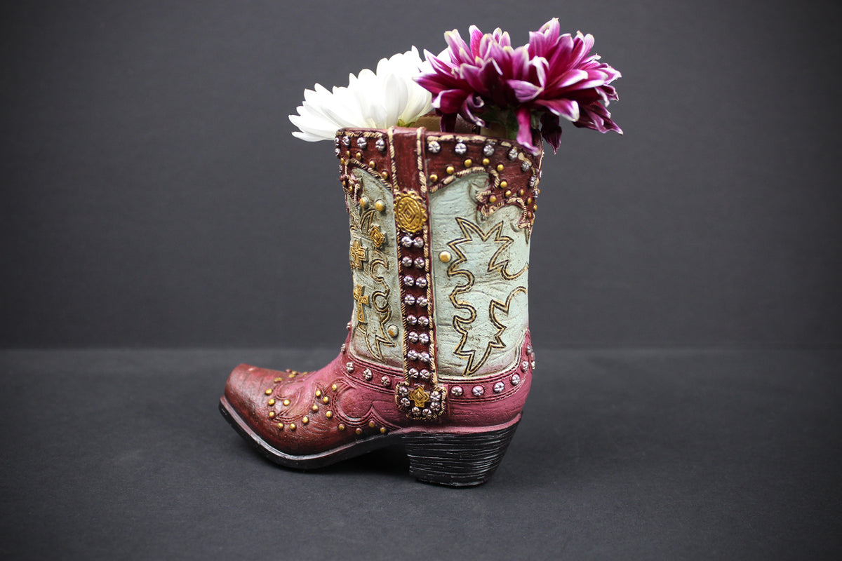 Small Cowboy Boot Vase  pink & turquoise cowboy boot vase, western style flower arrangement vase, realistic boot vase