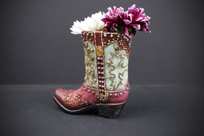 Small Cowboy Boot Vase  pink & turquoise cowboy boot vase, western style flower arrangement vase, realistic boot vase