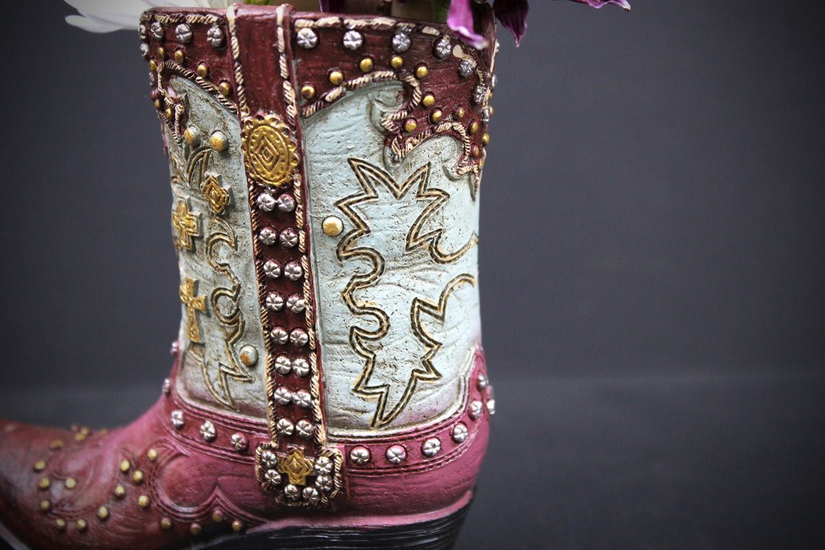 Small Cowboy Boot Vase  pink & turquoise cowboy boot vase, western style flower arrangement vase, realistic boot vase