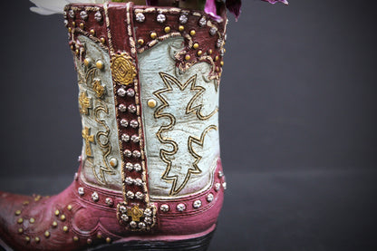 Small Cowboy Boot Vase  pink & turquoise cowboy boot vase, western style flower arrangement vase, realistic boot vase