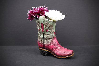 Small Cowboy Boot Vase - version 5 - pink & turquoise cowboy boot vase, western style flower arrangement vase, realistic boot vase