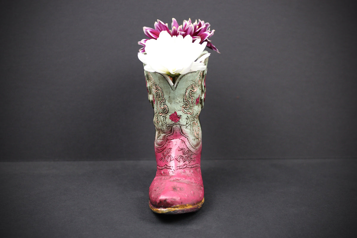 Small Cowboy Boot Vase - version 5 - pink & turquoise cowboy boot vase, western style flower arrangement vase, realistic boot vase