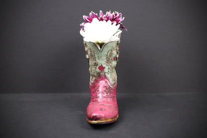 Small Cowboy Boot Vase - version 5 - pink & turquoise cowboy boot vase, western style flower arrangement vase, realistic boot vase