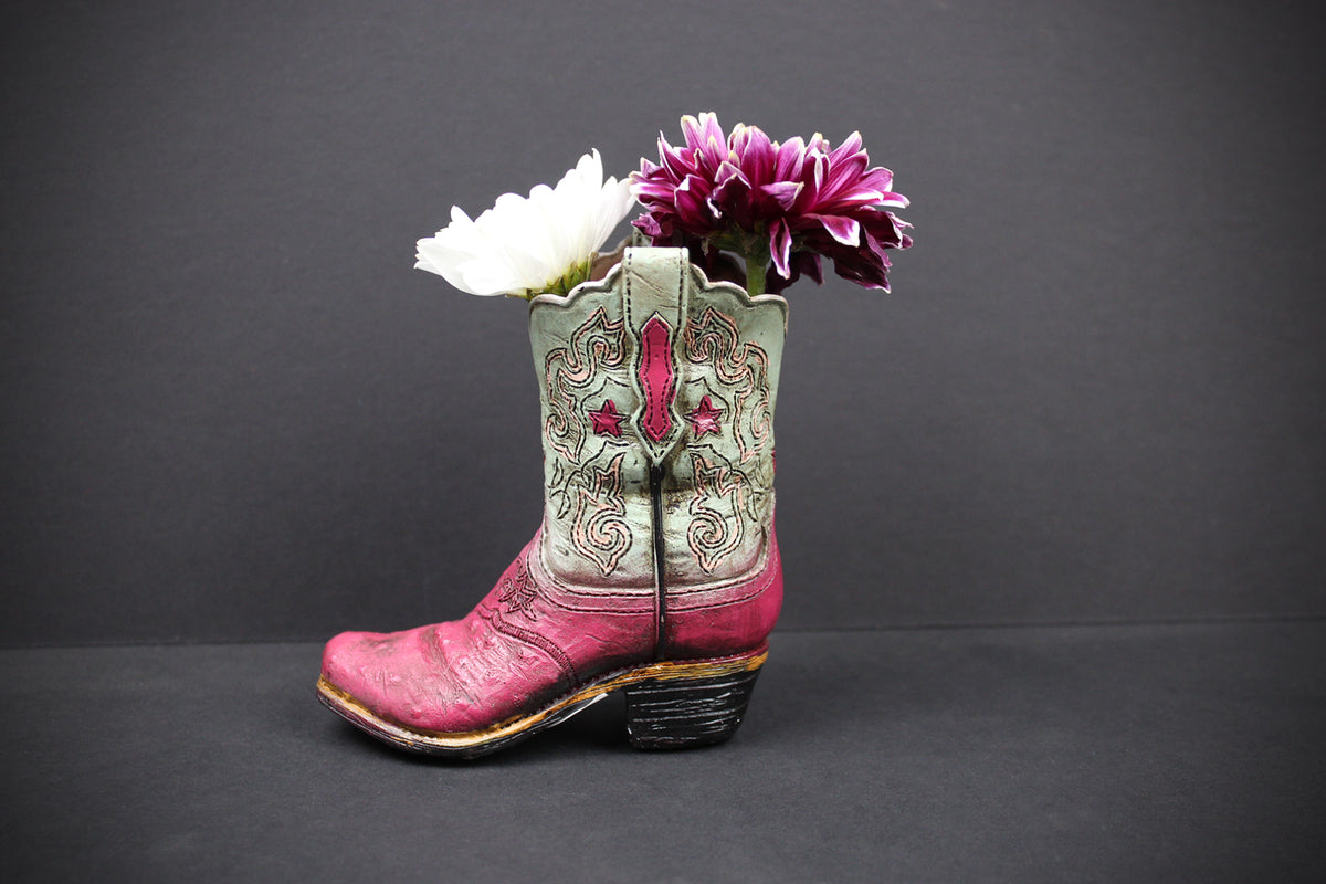 Small Cowboy Boot Vase - version 5 - pink & turquoise cowboy boot vase, western style flower arrangement vase, realistic boot vase