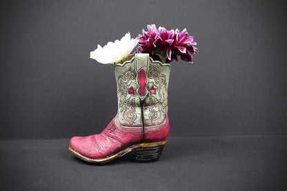 Small Cowboy Boot Vase - version 5 - pink & turquoise cowboy boot vase, western style flower arrangement vase, realistic boot vase