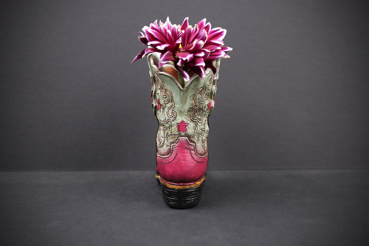 Small Cowboy Boot Vase - version 5 - pink & turquoise cowboy boot vase, western style flower arrangement vase, realistic boot vase