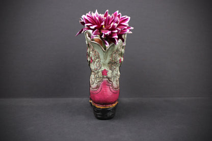 Small Cowboy Boot Vase - version 5 - pink & turquoise cowboy boot vase, western style flower arrangement vase, realistic boot vase