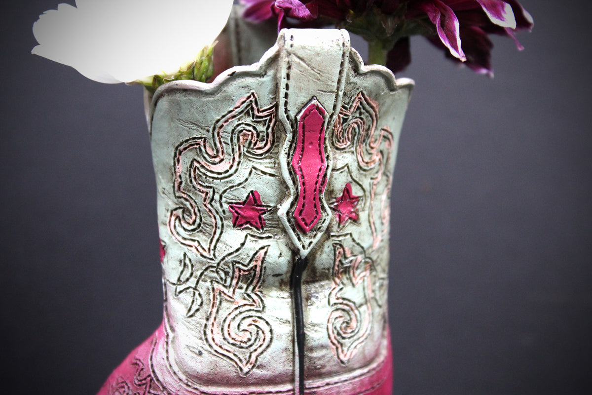 Small Cowboy Boot Vase - version 5 - pink & turquoise cowboy boot vase, western style flower arrangement vase, realistic boot vase
