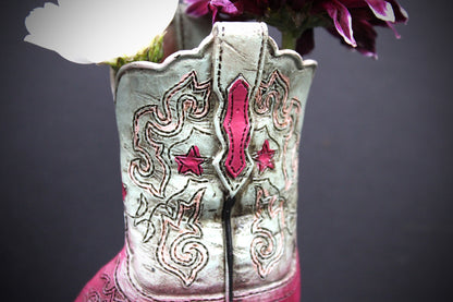 Small Cowboy Boot Vase - version 5 - pink & turquoise cowboy boot vase, western style flower arrangement vase, realistic boot vase