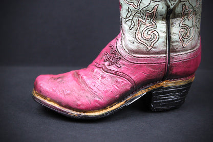 Small Cowboy Boot Vase - version 5 - pink & turquoise cowboy boot vase, western style flower arrangement vase, realistic boot vase