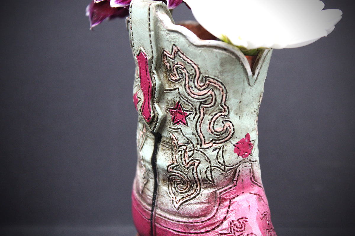 Small Cowboy Boot Vase - version 5 - pink & turquoise cowboy boot vase, western style flower arrangement vase, realistic boot vase