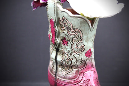 Small Cowboy Boot Vase - version 5 - pink & turquoise cowboy boot vase, western style flower arrangement vase, realistic boot vase