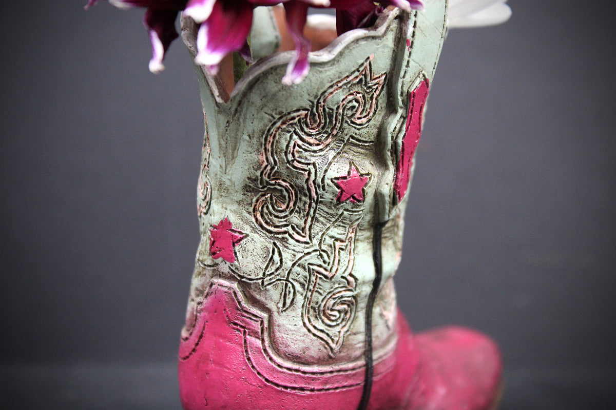 Small Cowboy Boot Vase - version 5 - pink & turquoise cowboy boot vase, western style flower arrangement vase, realistic boot vase