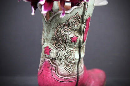 Small Cowboy Boot Vase - version 5 - pink & turquoise cowboy boot vase, western style flower arrangement vase, realistic boot vase