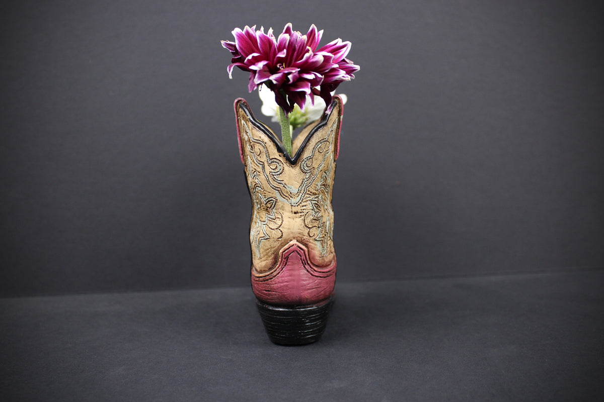 Small Cowboy Boot Vase - version 3 - pink & turquoise cowboy boot vase