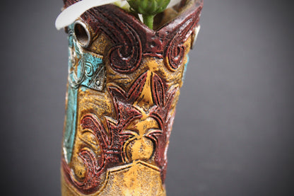 Small Cowboy Boot Vase - version 7 - brown & turquoise western style flower arrangement vase with a cross motif