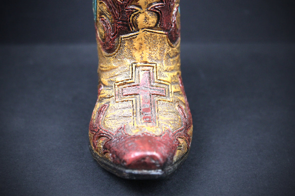 Small Cowboy Boot Vase - version 7 - brown & turquoise western style flower arrangement vase with a cross motif