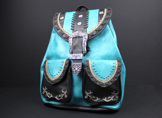 The Oklahoma Back Pack - Turquoise & Black Back Pack : Western style PU Leather bag