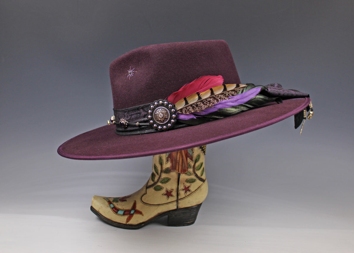 One Off Custom Fedora: Plum Wool Felt Wide Flat Brim Fedora Large 59cm