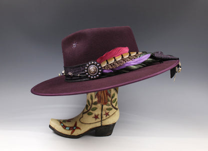 One Off Custom Fedora: Plum Wool Felt Wide Flat Brim Fedora Large 59cm