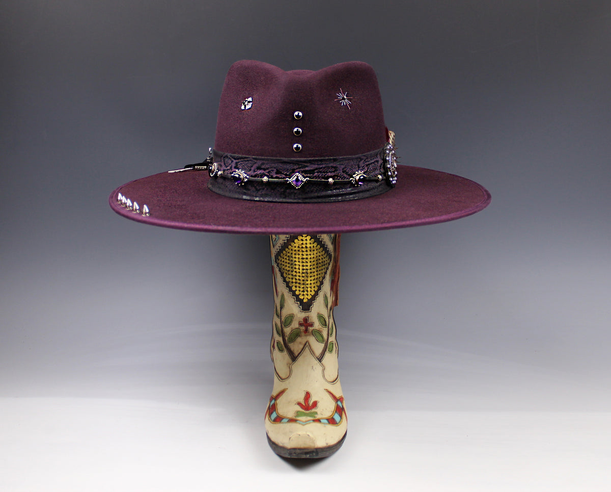 One Off Custom Fedora: Plum Wool Felt Wide Flat Brim Fedora Large 59cm