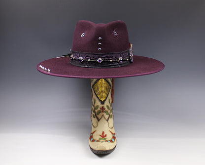 One Off Custom Fedora: Plum Wool Felt Wide Flat Brim Fedora Large 59cm