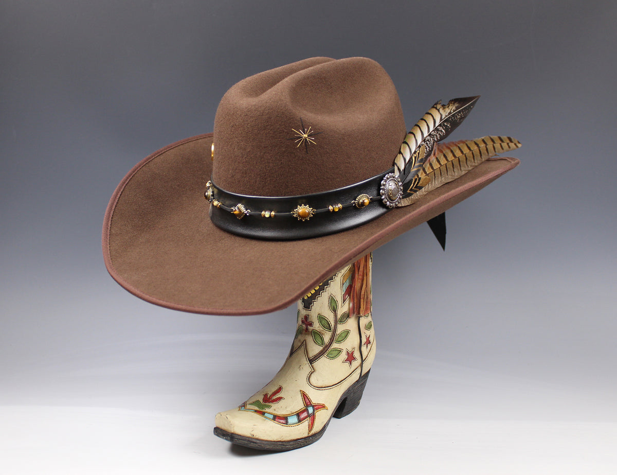 One Off Cattleman Cowboy Hat - Brown with Tiger's Eye & Gold Detailing