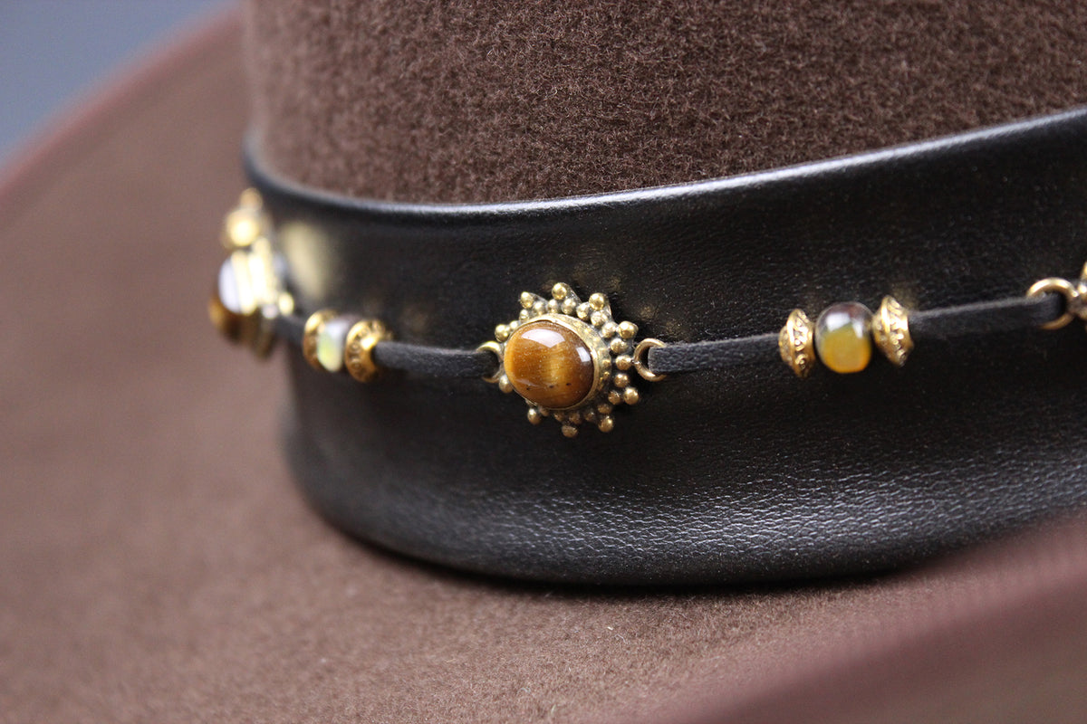One Off Cattleman Cowboy Hat - Brown with Tiger's Eye & Gold Detailing