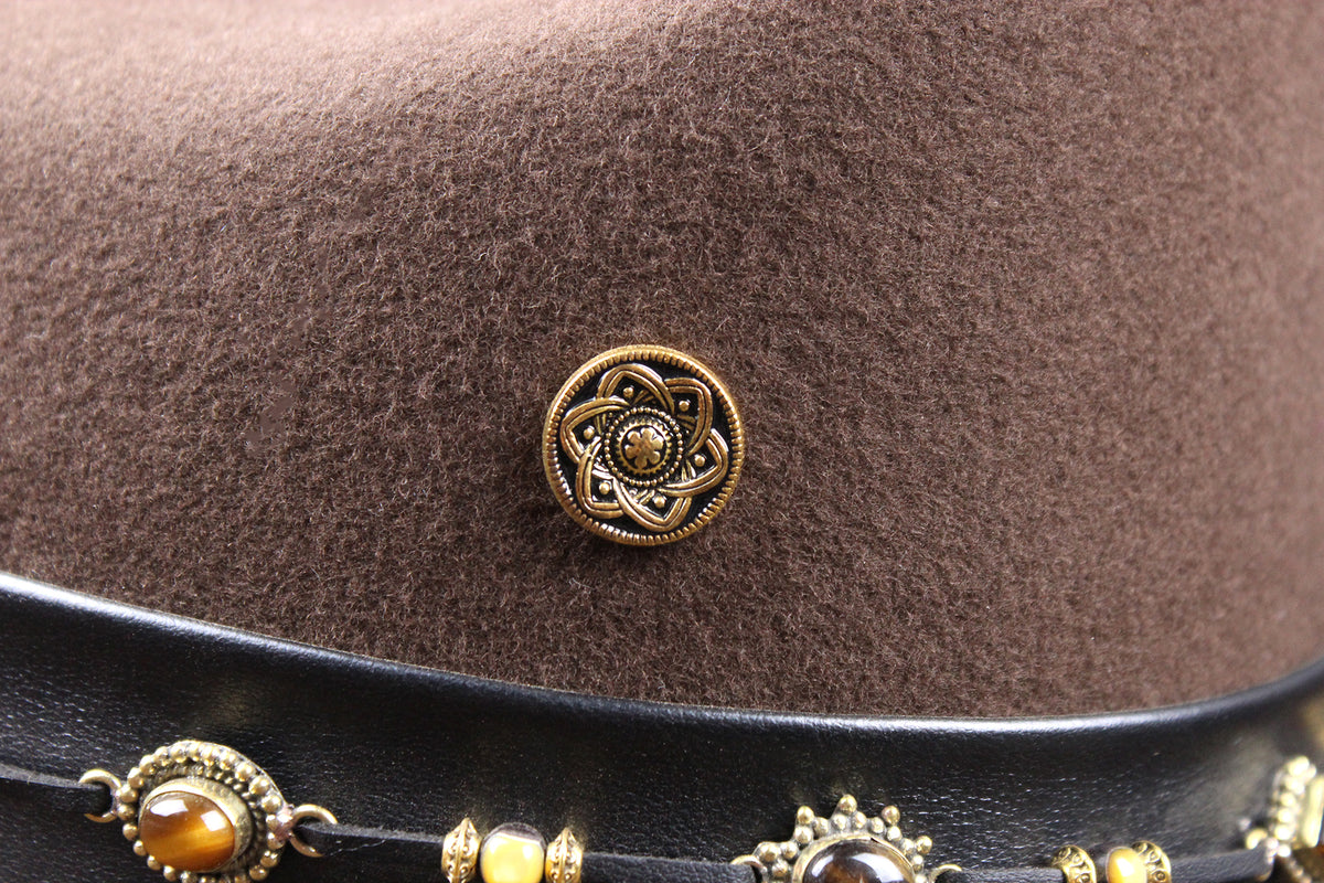 One Off Cattleman Cowboy Hat - Brown with Tiger's Eye & Gold Detailing