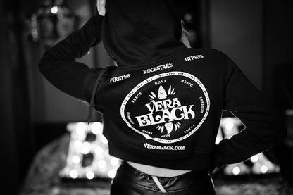 Women's Vera Black Hoodie - black cropped hoodie with white logo, women's gym hoodie