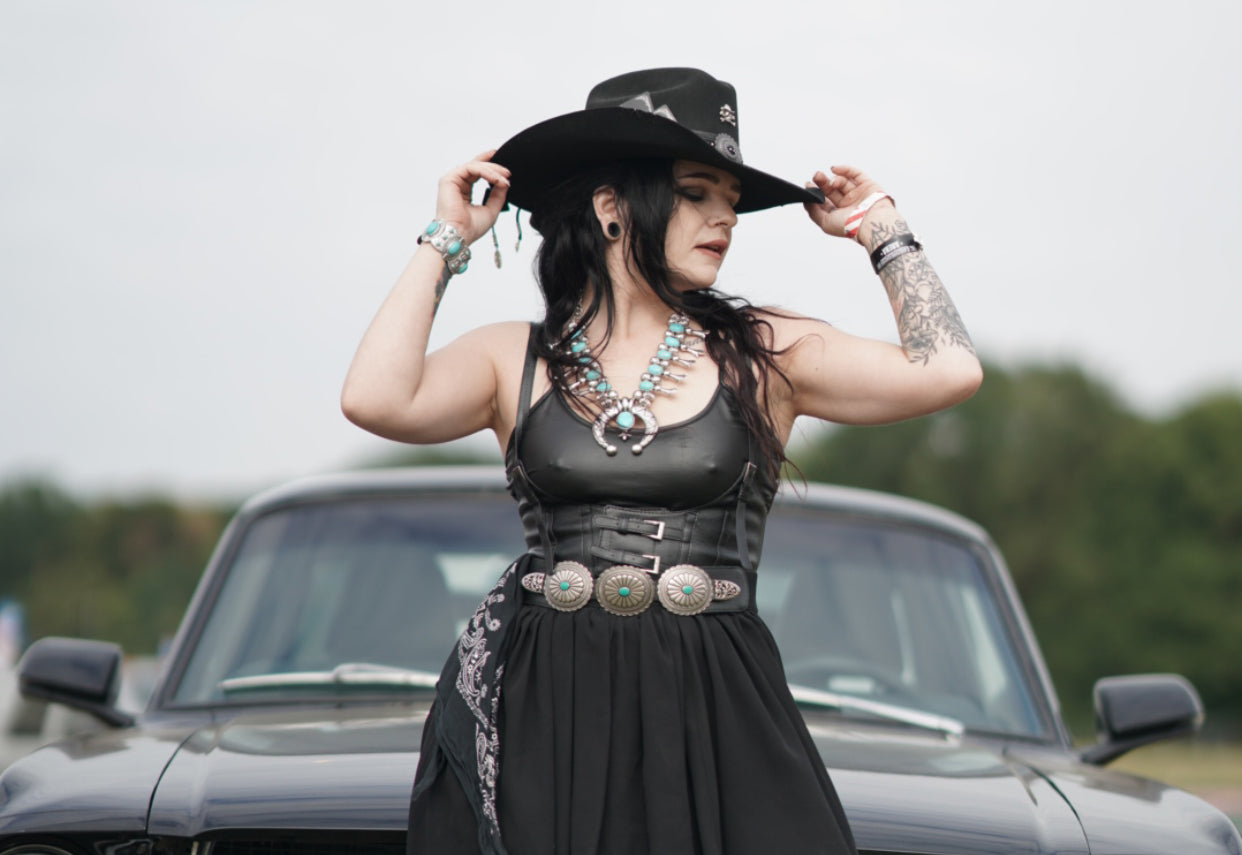 The Outlaw : Gunslinger Style Cowboy Hat with skull conchos and poker cards