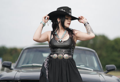 The Outlaw : Gunslinger Style Cowboy Hat with skull conchos and poker cards