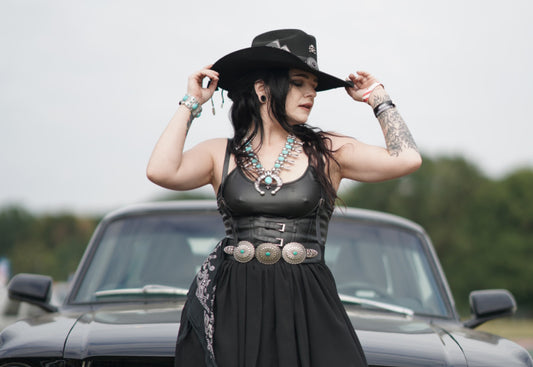 The Outlaw : Gunslinger Style Cowboy Hat with skull conchos and poker cards