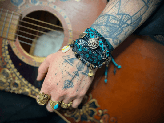 The Arizona Cuff Bracelet Set - Layered Gypsy Fabric Wrist Wrap, Turquoise Unisex Bracelet Set For Men And Women, Rock n Roll Pirate Style