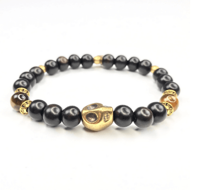 Ebony Wood & Tiger Eye Bronze Skull Bracelet