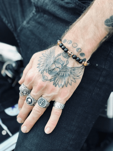 Ebony Wood & Tiger Eye Bronze Skull Bracelet