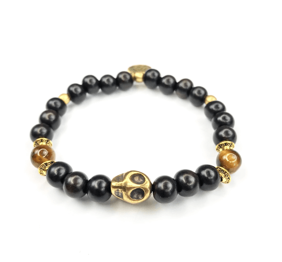 Ebony Wood & Tiger Eye Bronze Skull Bracelet