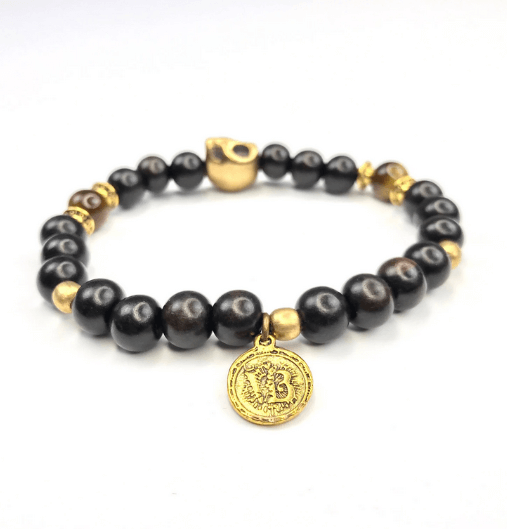 Ebony Wood & Tiger Eye Bronze Skull Bracelet