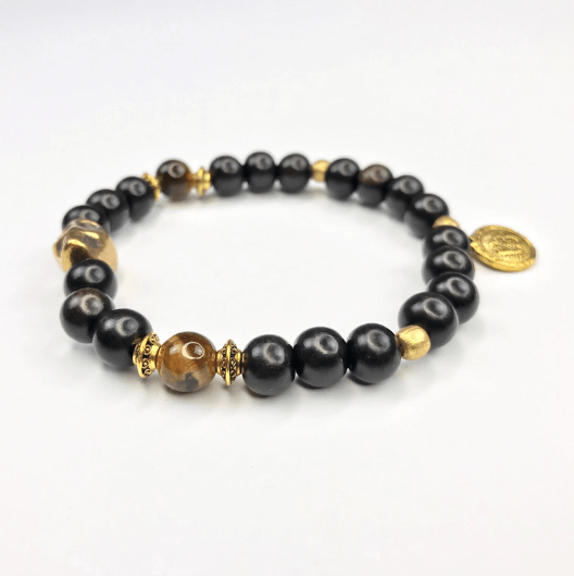 Ebony Wood & Tiger Eye Bronze Skull Bracelet