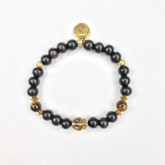 Ebony Wood & Tiger Eye Bronze Skull Bracelet