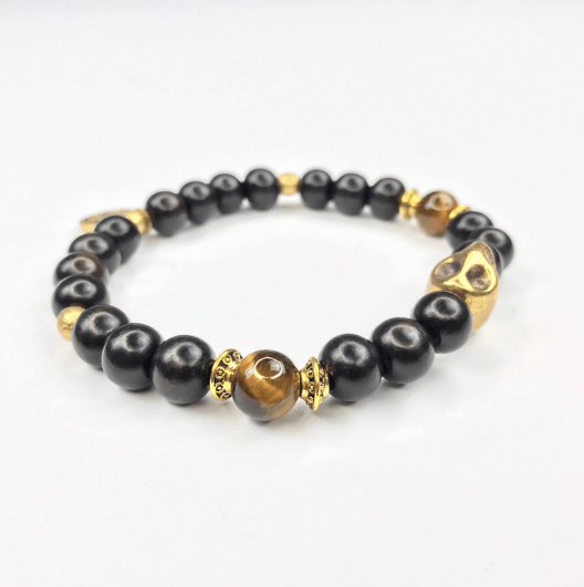 Ebony Wood & Tiger Eye Bronze Skull Bracelet