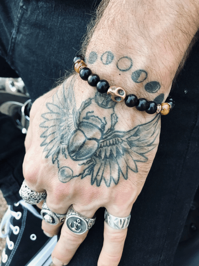 Ebony Wood & Tiger Eye Bronze Skull Bracelet