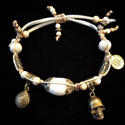 Pirates Booty Bracelet Cream - adjustable toggle - bronze charms and wood beading rock n roll tribal pirate style bracelet