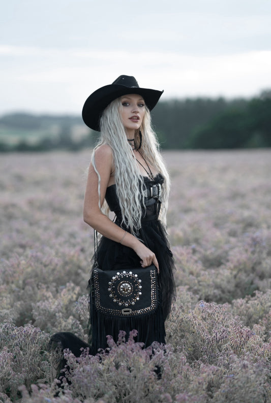 The Clover Bag - genuine real leather bag with intricate stud pattern work and flower in resin accent, boho country tassel shoulder bag