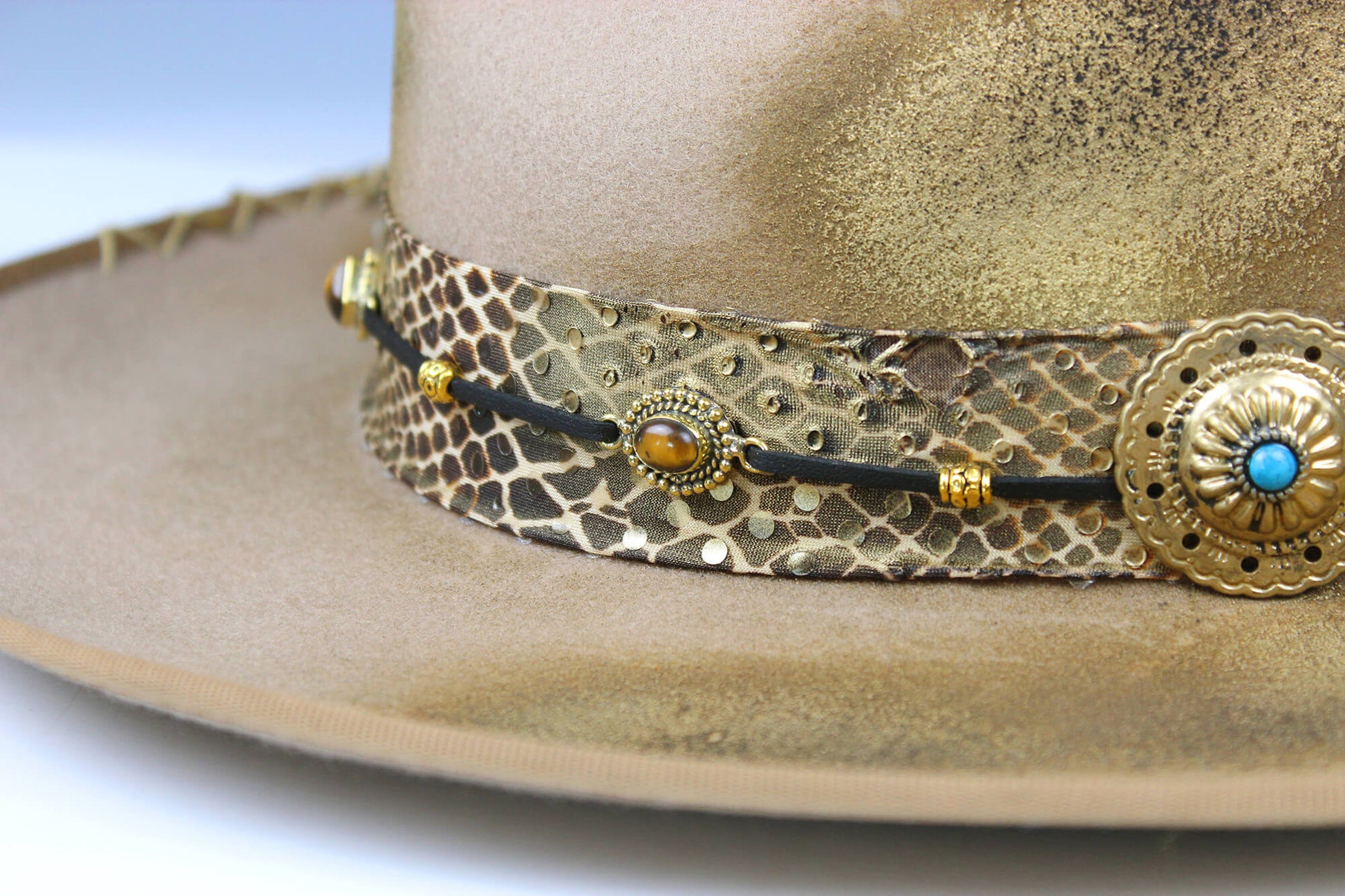 The Elles Fedora - Wool Felt Country Western Style Hat Unisex For Men And Women Tan Cowboy Hat Gold Detailing Rock n Roll Hat