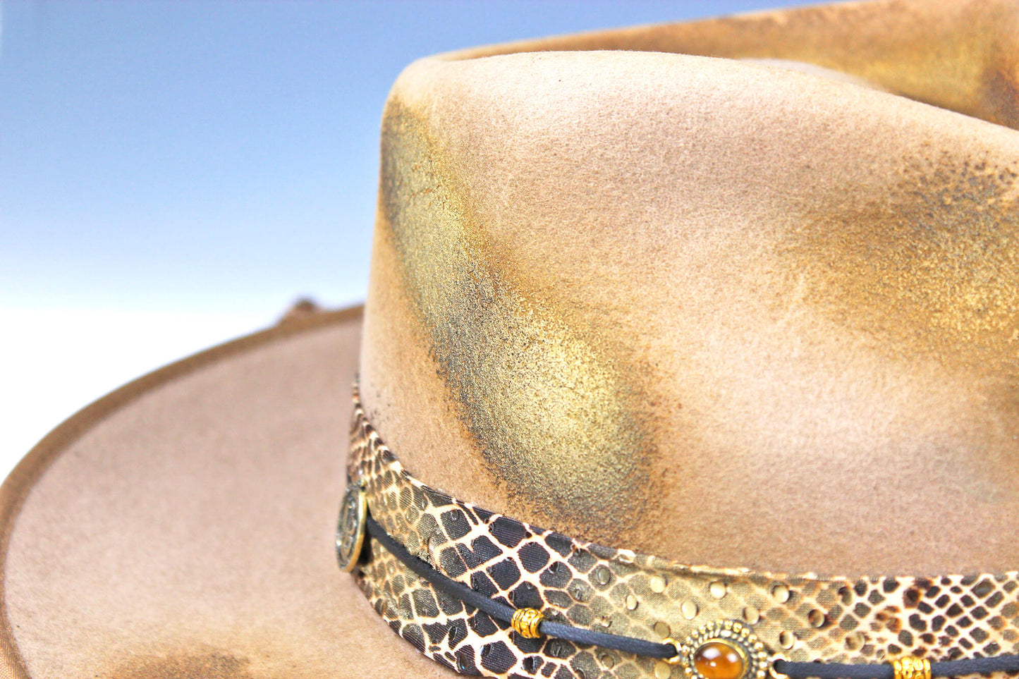 The Elles Fedora - Wool Felt Country Western Style Hat Unisex For Men And Women Tan Cowboy Hat Gold Detailing Rock n Roll Hat