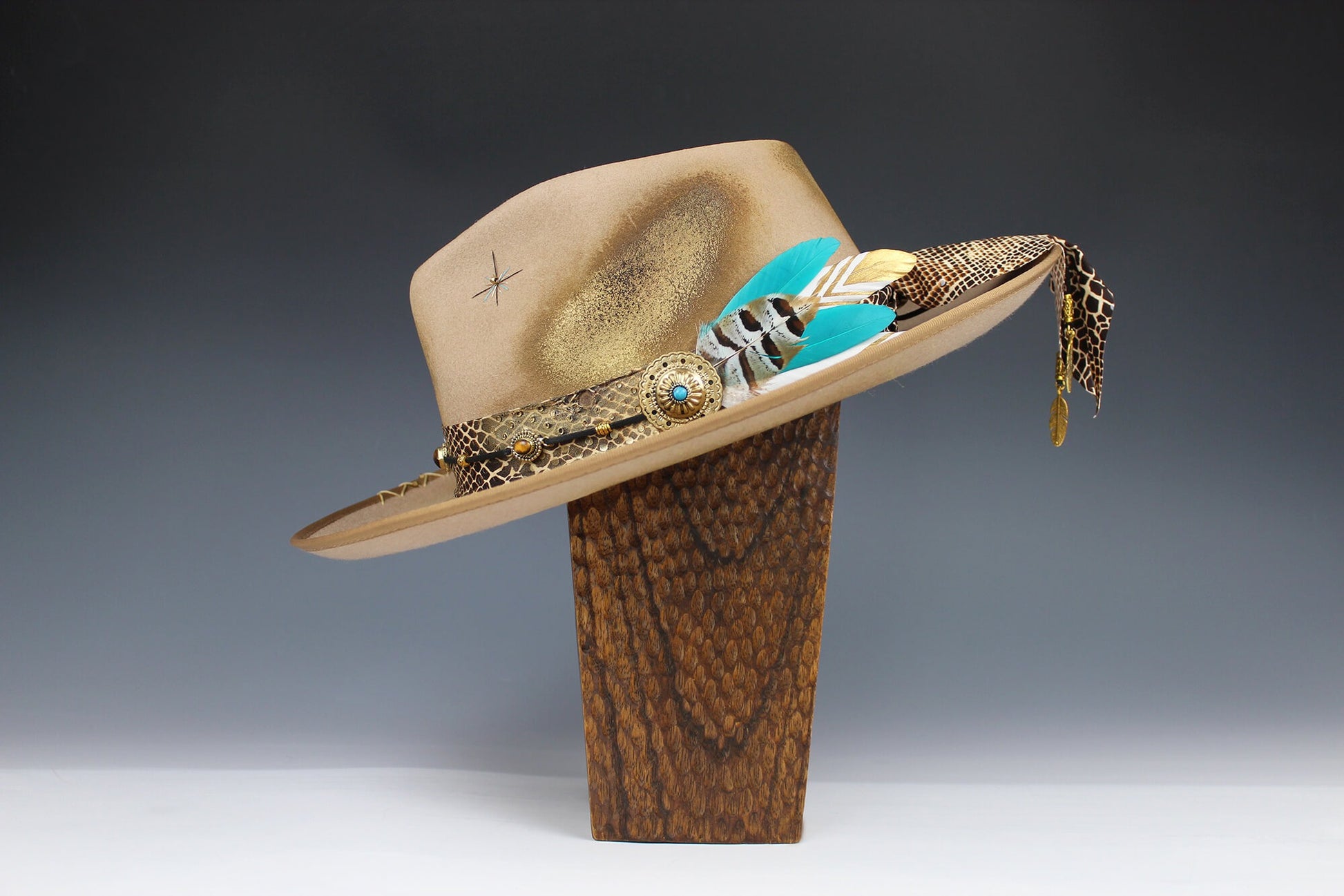 The Elles Fedora - Wool Felt Country Western Style Hat Unisex For Men And Women Tan Cowboy Hat Gold Detailing Rock n Roll Hat