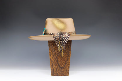 The Elles Fedora - Wool Felt Country Western Style Hat Unisex For Men And Women Tan Cowboy Hat Gold Detailing Rock n Roll Hat