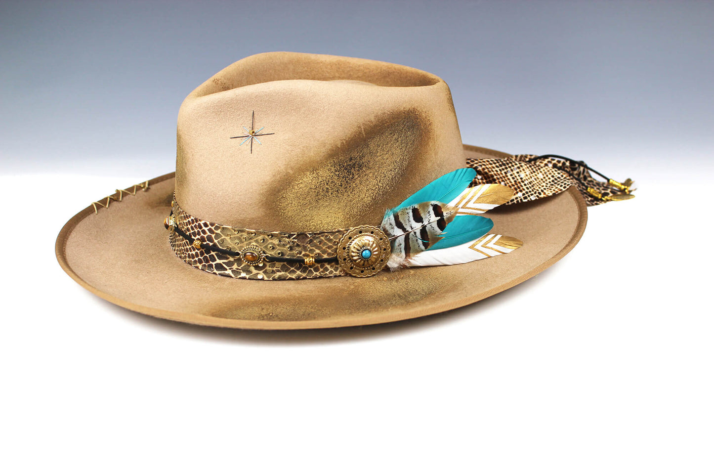 The Elles Fedora - Wool Felt Country Western Style Hat Unisex For Men And Women Tan Cowboy Hat Gold Detailing Rock n Roll Hat