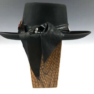 The Hombre Black Fedora Hat. Black wool felt fedora hat with a black leather look hat band with silver conchos and wild turkey with pheasant feather. rock n roll fedora hat.